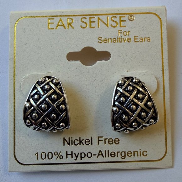 Y2K Silver Tone Lattice Textured Half Hoop Earrings Nickel Free Hypoallergenic - Picture 6 of 6